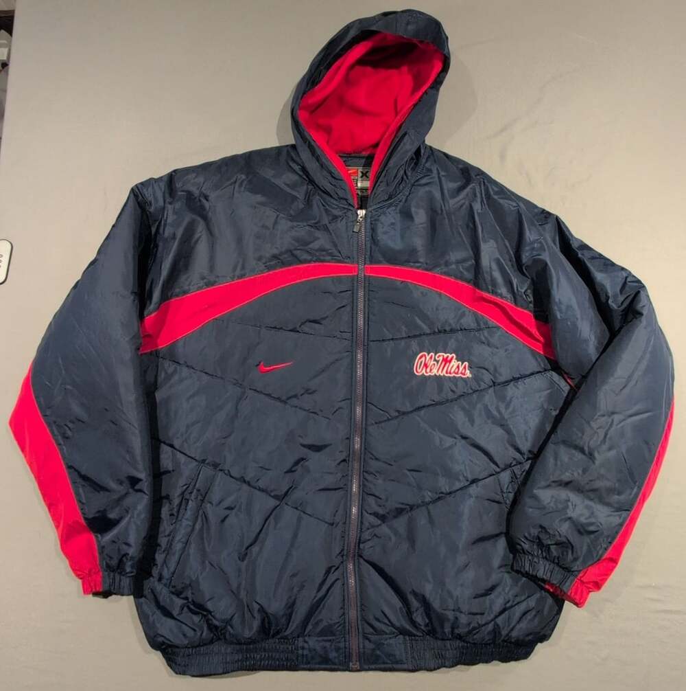 Vintage Nike Ole Miss Rebels Team Puffer Jacket Size XXL Navy Red Full Zip Warm